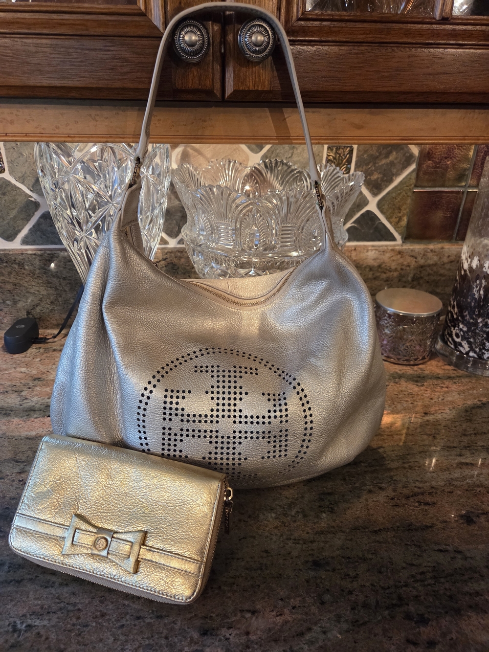 Tory Burch Metallic Gold Perforated Hobo Shoulder Bag with Wallet